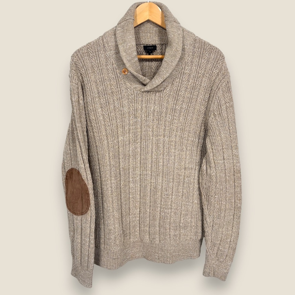J. Crew Mariner Shawl Collar Sweater Men Medium Beige Suede Patches Cotton